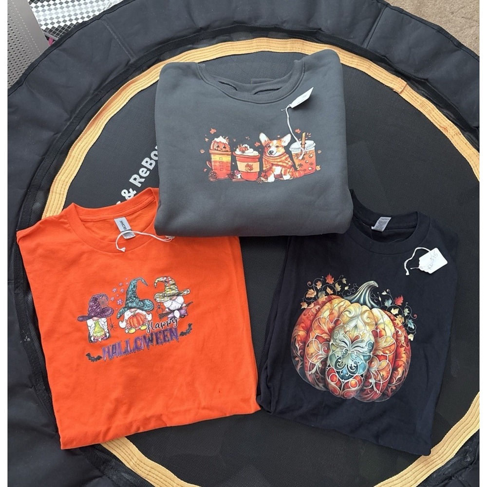 Halloween Clothing Lot XL Sweatshirt 2 T-Shirts Pumpkin Gnome Corgi Fall Spooky